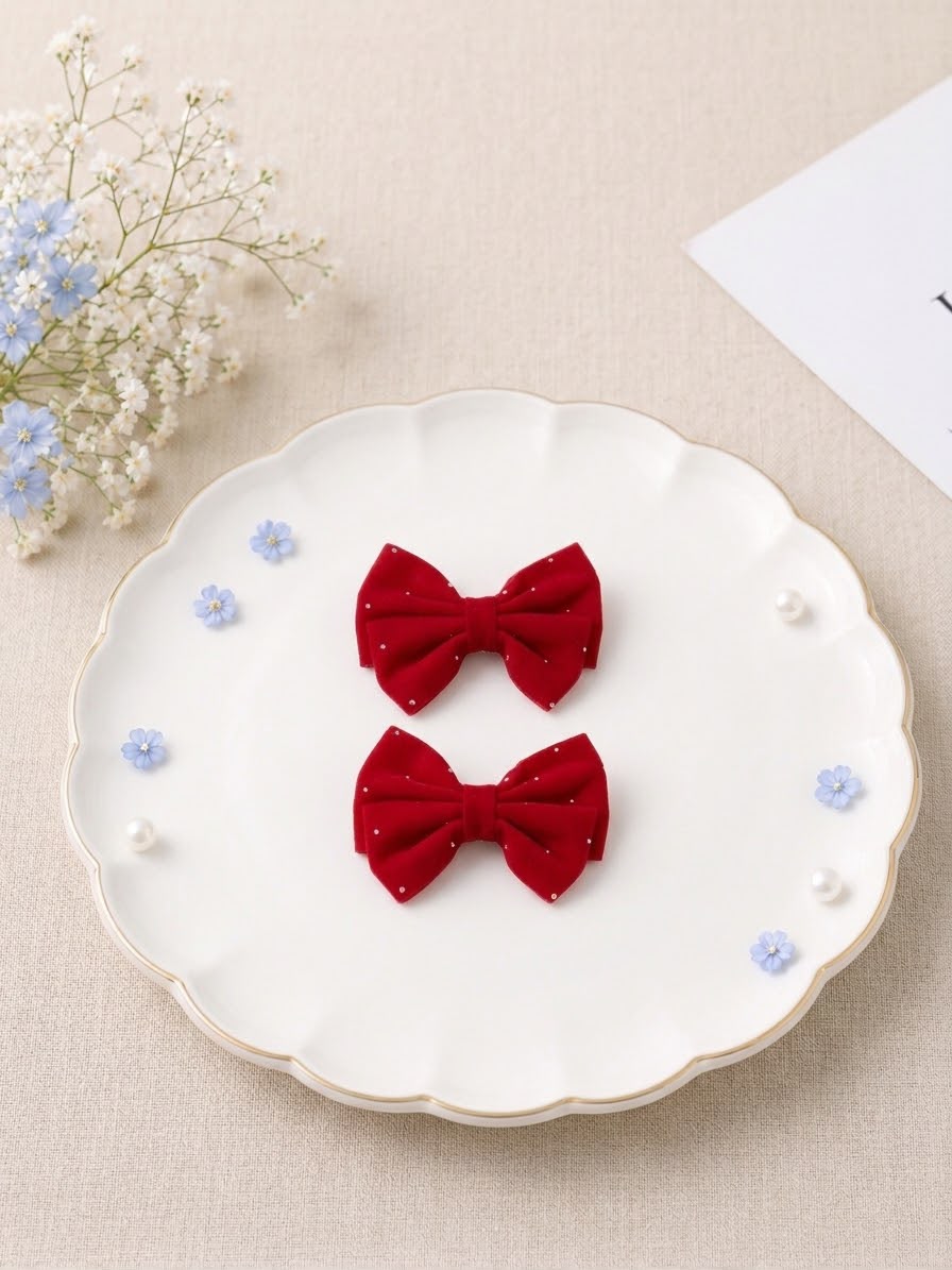RED VELVET BOW CLIP SET