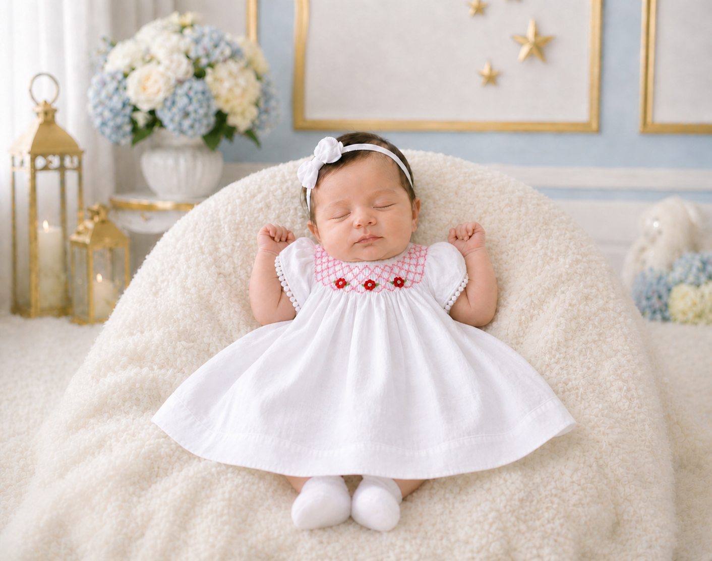 Newborn White Petal Bishop Smocked Dress